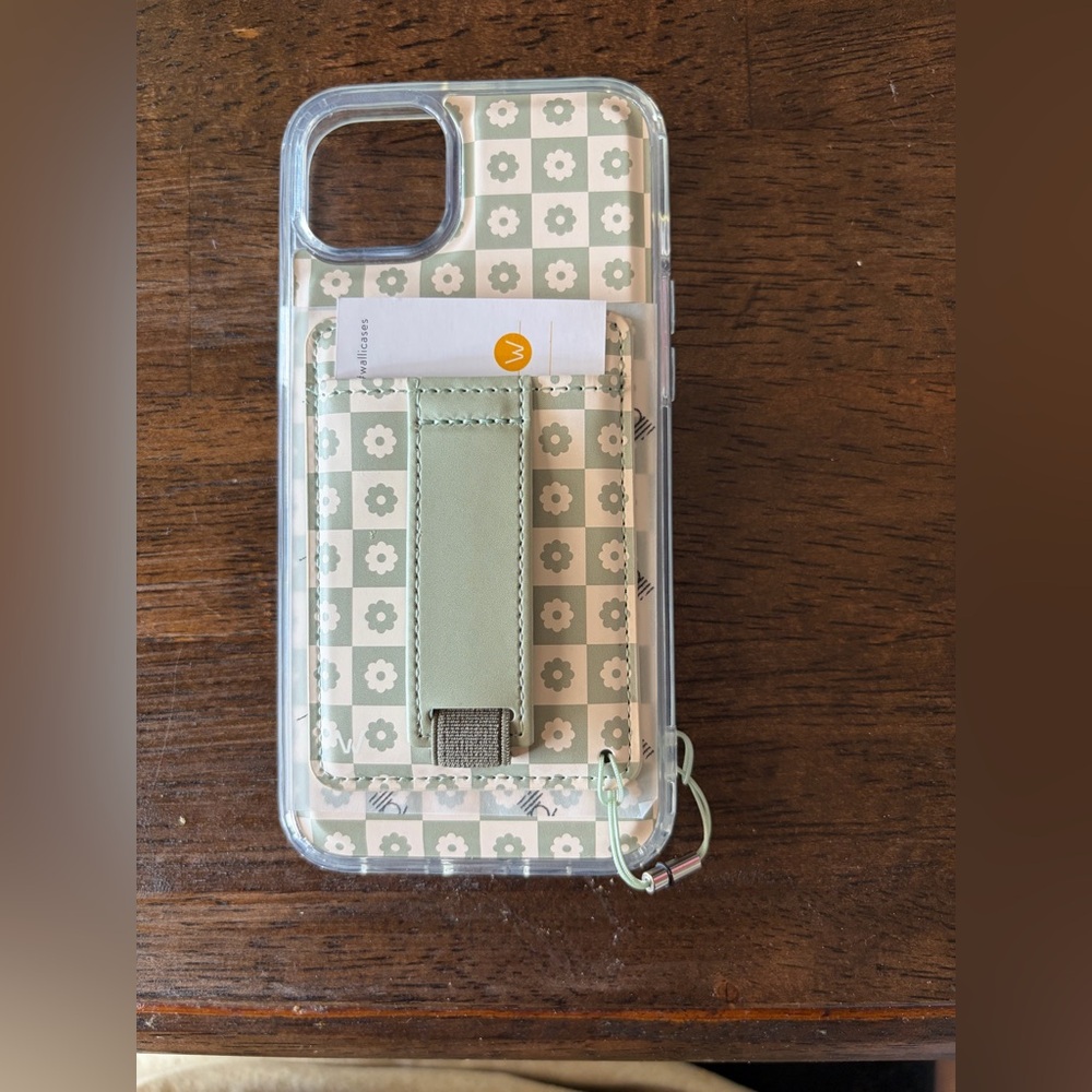 NWT Mint Green Checkered & Floral Phone Case with Card Holder & Magnet